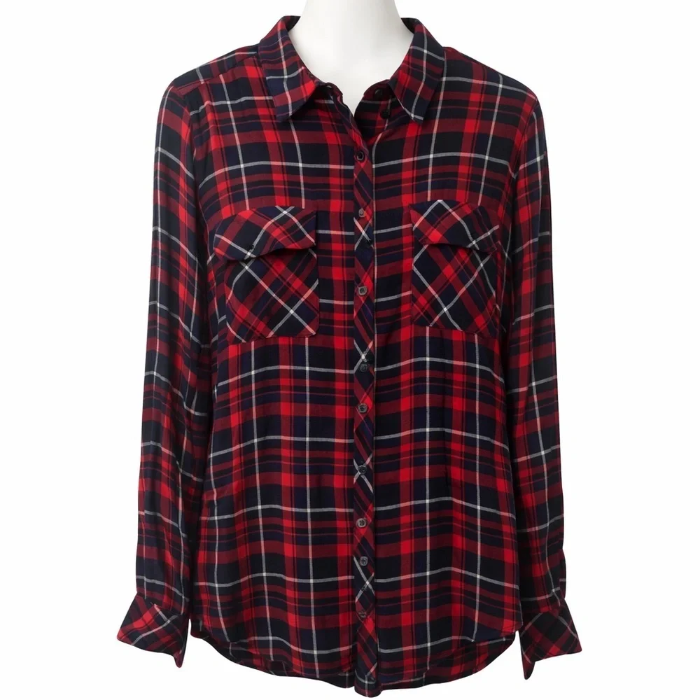 Guess Los Angeles Women’s Plaid Button-Up Shirt Red Navy lightweight Size S - Picture 1 of 6